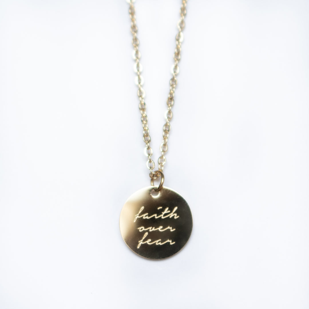 Vintage Sparrow Jewelry 14k Minimalist Faith Over Fear Shiny Script Necklace