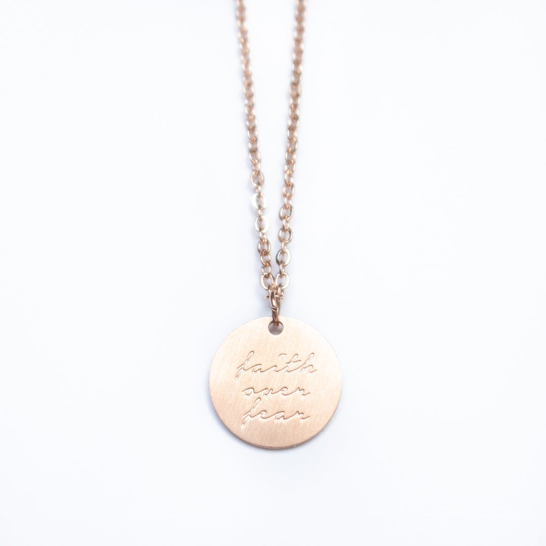 Vintage Sparrow Jewelry 14k Minimalist Faith Over Fear Matte Script Necklace