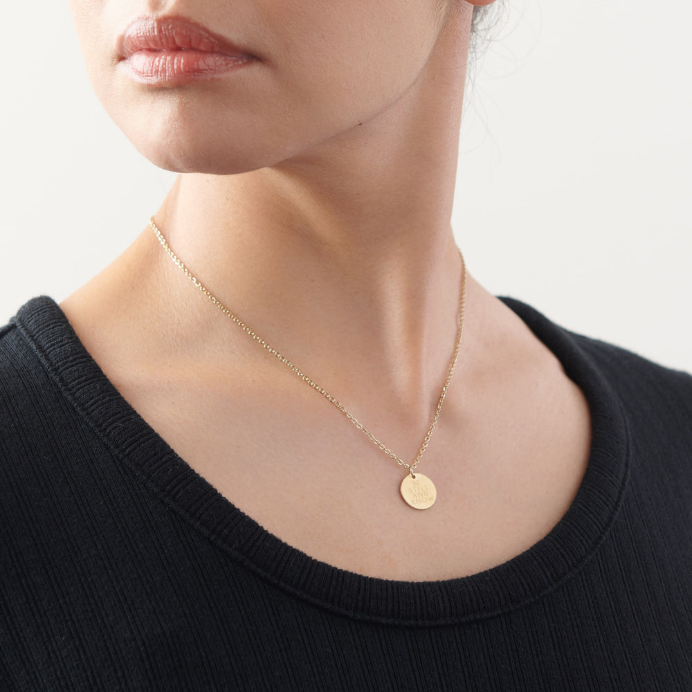 Vintage Sparrow Jewelry 14k Minimalist Necklace Be Still and Know on model