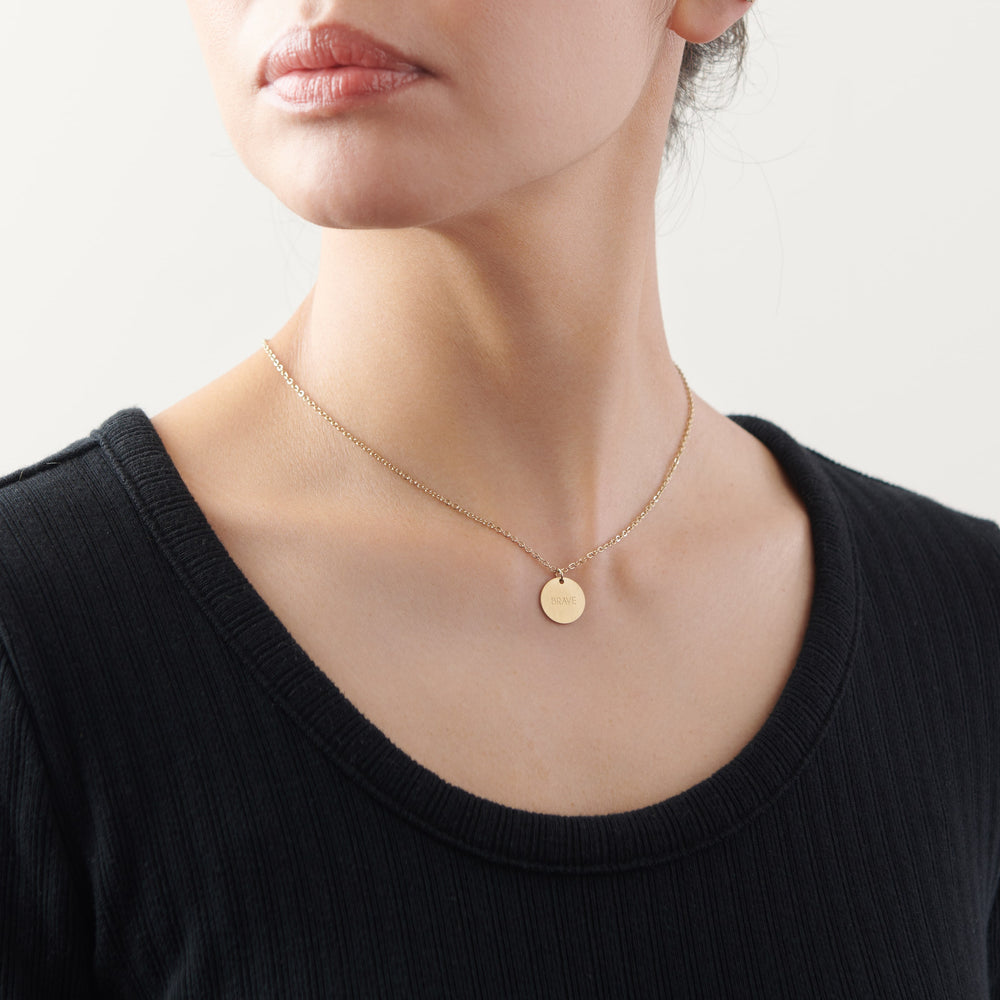 Vintage Sparrow Jewelry 14k minimalist brave matte necklace on model