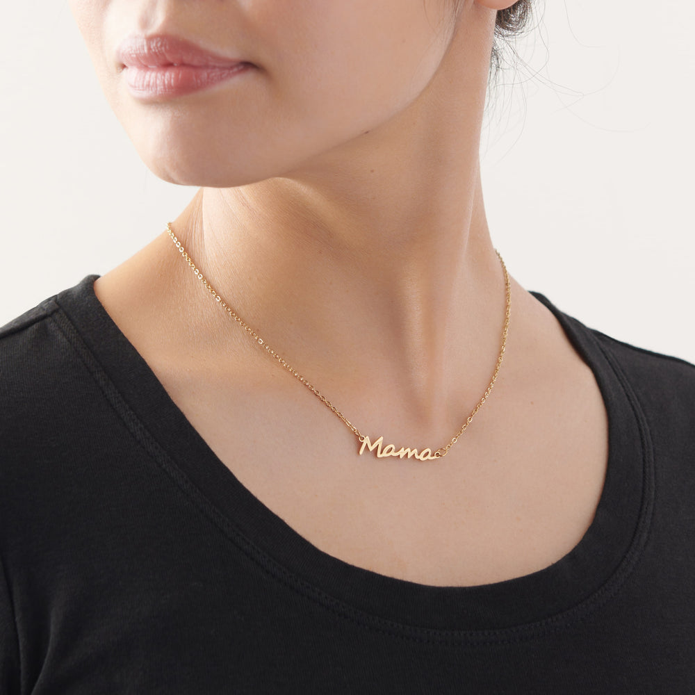 Vintage Sparrow Jewelry Mama Script Necklace on model