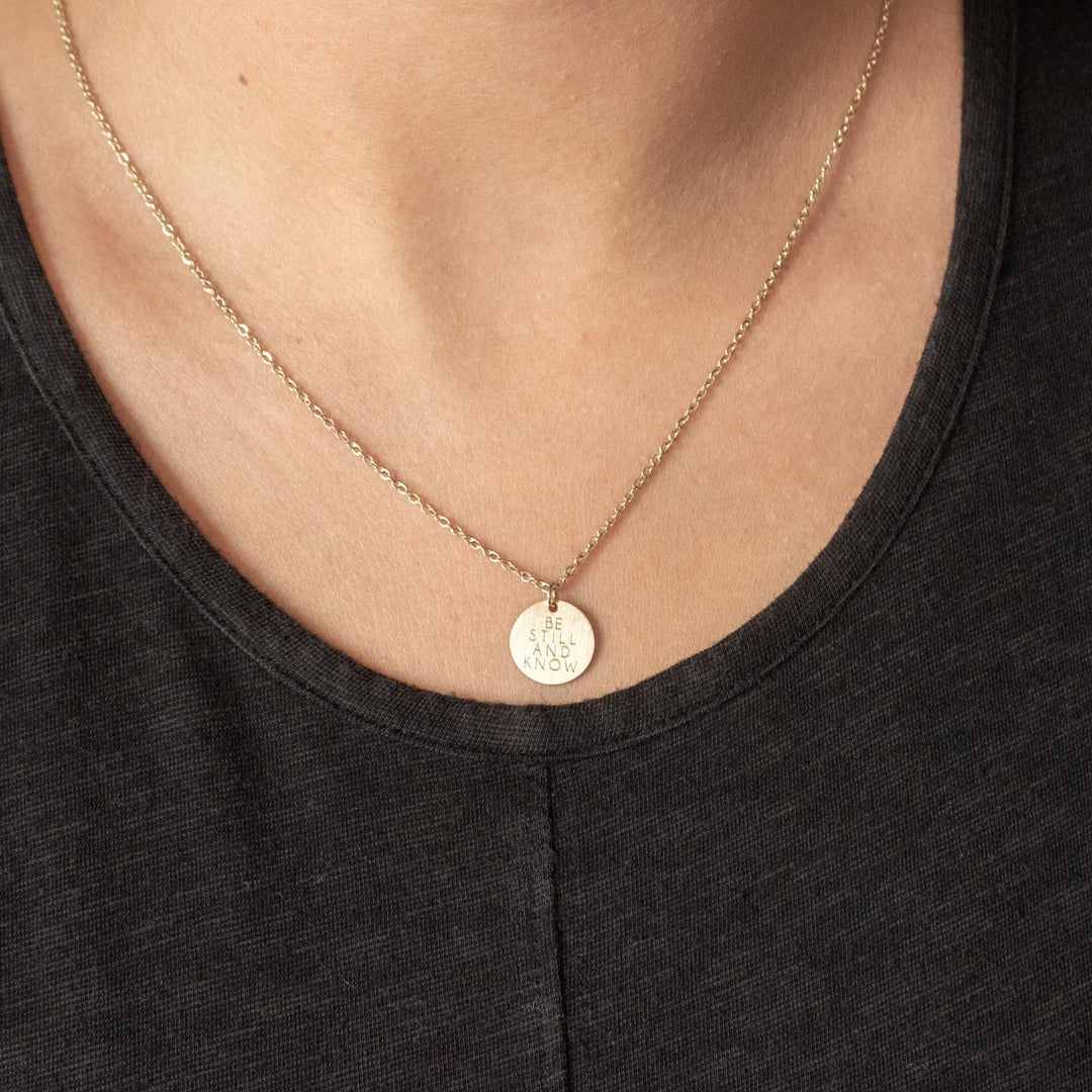 Vintage Sparrow Jewelry 14k Minimalist Necklace Be Still and Know on model