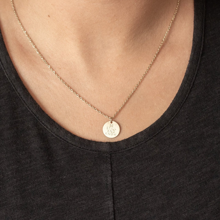 Vintage Sparrow Jewelry 14k Minimalist Necklace Be Still and Know on model