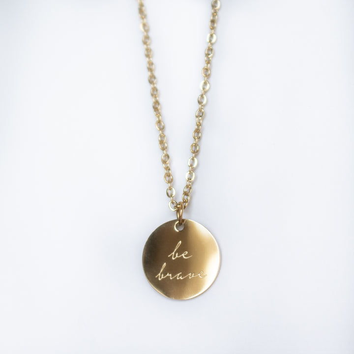 Vintage Sparrow Jewelry 14k minimalist be brave shiny script necklace