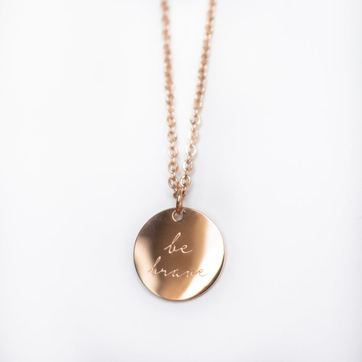 Vintage Sparrow Jewelry 14k minimalist be brave shiny script necklace