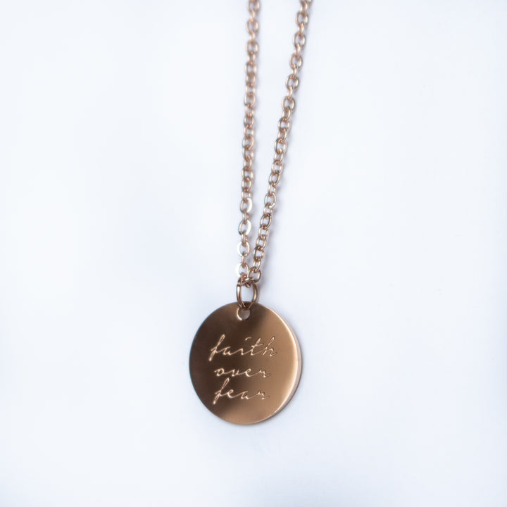 Vintage Sparrow Jewelry 14k Minimalist Faith Over Fear Shiny Script Necklace