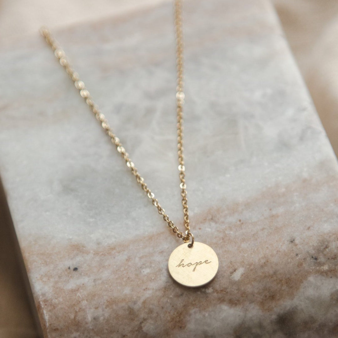 Vintage Sparrow Jewelry 14k Minimalist Hope Script Shiny Necklace