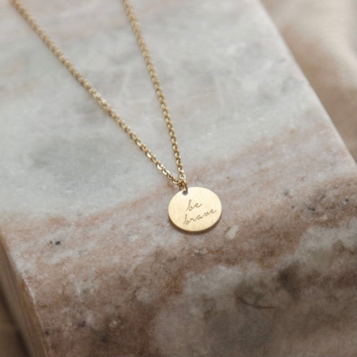 Vintage Sparrow Jewelry 14k minimalist be brave script necklace