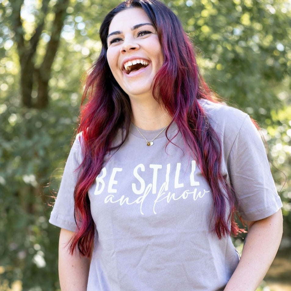 Vintage Sparrow Jewelry Be Still and Know T-Shirt on model