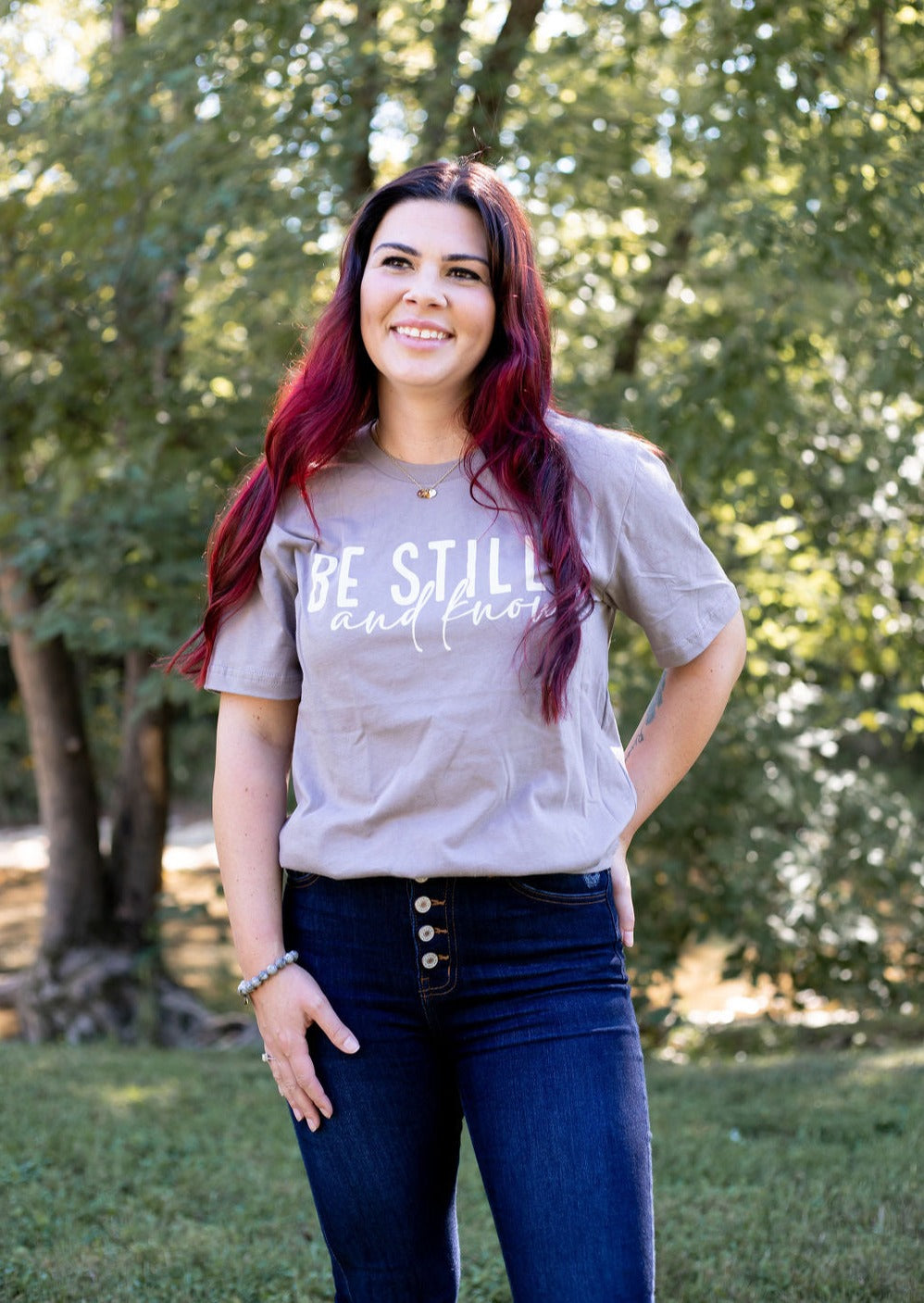 Vintage Sparrow Jewelry Be Still and Know T-Shirt on model