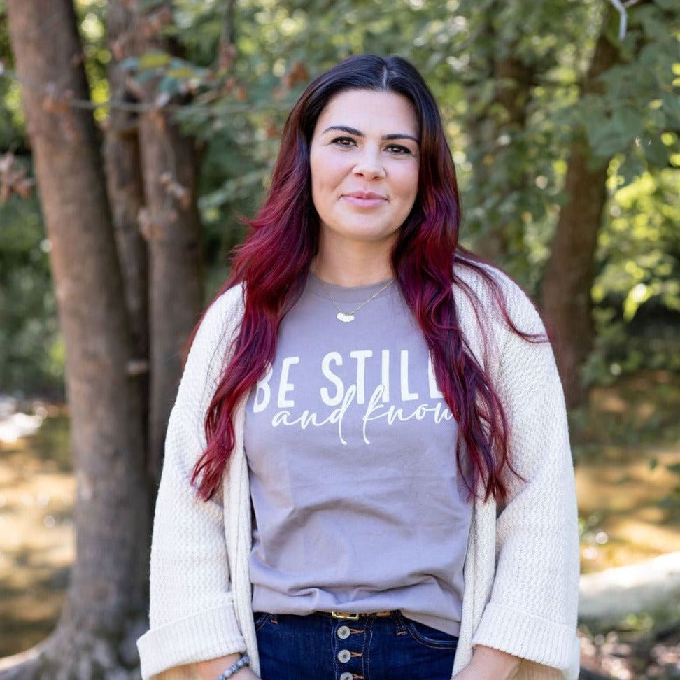 Vintage Sparrow Jewelry Be Still and Know T-Shirt on model
