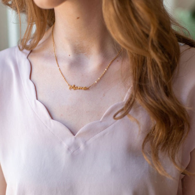 Vintage Sparrow Jewelry Mama Script Necklace on model