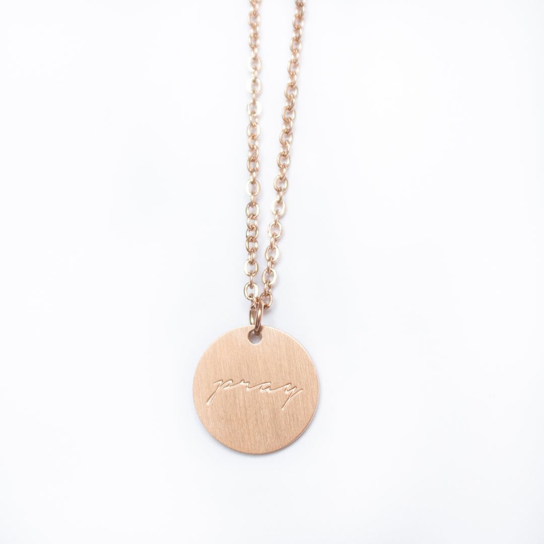 Vintage Sparrow Jewelry 14k Minimalist Pray Matte Script Necklace