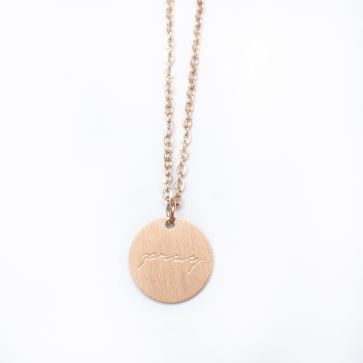Vintage Sparrow Jewelry 14k Minimalist Pray Matte Script Necklace
